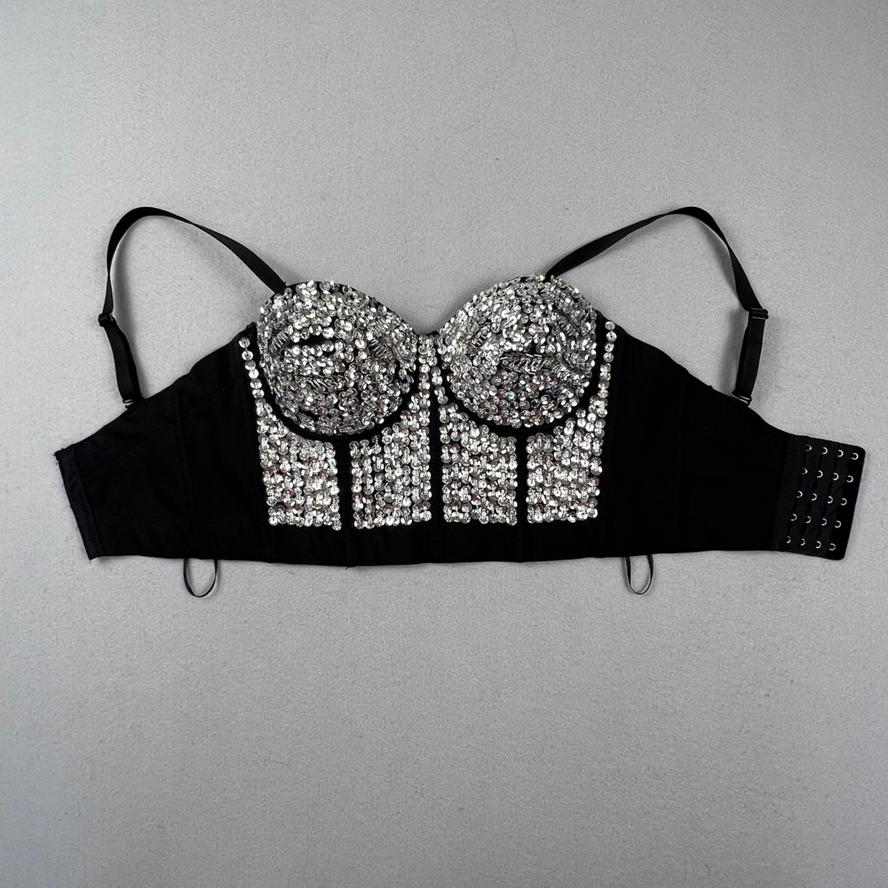 Sequin Bustier Top Womens Small Black Silver Festival Rave Party Corset Metal